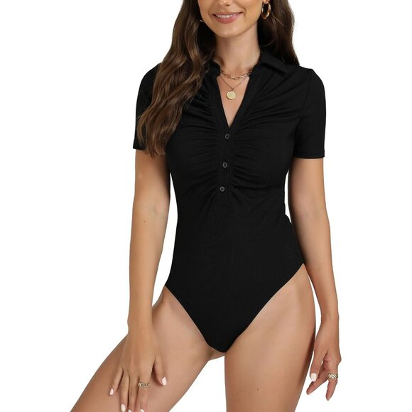 Other - Women's Rib Knit Bodysuit Deep V Neck Ruched Button Short Sleeve Top